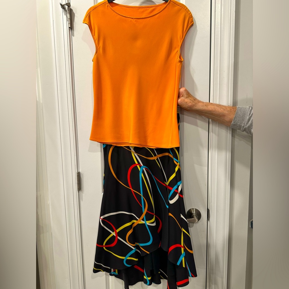 Colorful high-low silk skirt with orange cap sleeve silk blouse, Size 10